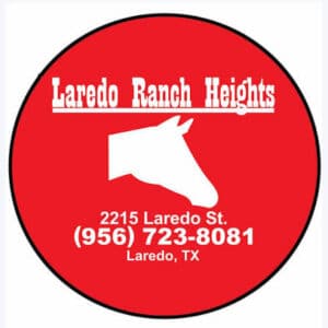 Circular red logo for Laredo Ranch Heights with a white horse head and text: 'Laredo Ranch Heights', '2215 Laredo St.', '(956) 723-8081', 'Laredo, TX'.